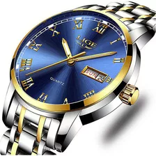 Reloj Hombre Lige Lg9846h Cuarzo 1.65in Pulso Plateado Dora Color Del Fondo Azul Color De La Correa Plateado/dorado Color Del Bisel Metal