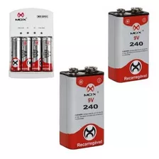 4 Pilhas Aaa + 3 Bateria Recarregável 9v Mox + Carregador
