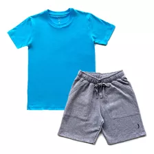 Kit Camiseta Infantil Menino Jokenpô Azul + Bermuda Cinza