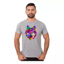 Camiseta Masculina Lobo Colorido Tendência Urbana Algodão