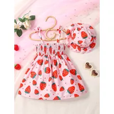 Vestido Infantil Bebê Morango Com Chapeu