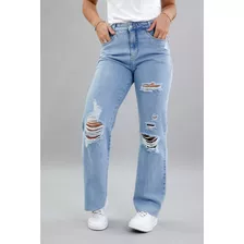 Calça Jeans Feminina Destroyed Perna Reta Em Lavagem Clara