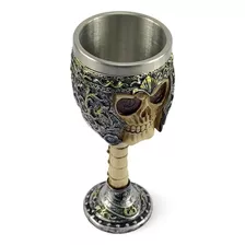 Taça Cálice Em Aço Inox E Resina Caveira Ossos Medieval Rock Cor Bege