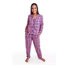 Pijama Feminino Longo Flanelado Inverno Aberto Com Botões
