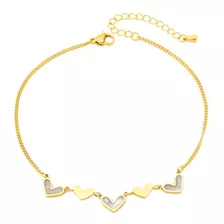 Pulsera D Tobillo Corazones Concha Natural Acero Inoxidable 