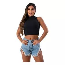 Cropped Gola Alta Canelado Regata Sem Manga Feminino