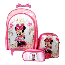 Mochila Minnie Rosa Rodinhas Lancheira Estojo