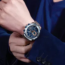 Reloj Megir Para Hombre Con Correa De Acero Inoxidable Impermeable, Color Bisel Plateado, Color De Fondo Plateado, Color Azul Marino