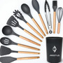 Kit 12 Utensílios De Silicone Com Cabo De Madeira - Marca Aristus Com Alta Resistência, Durável E Com Design Moderno, Perfeito Para Sua Cozinha Cor Cinza