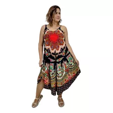 Vestido Trapézio Indiano Alça Estampado Floral Mandala 8603