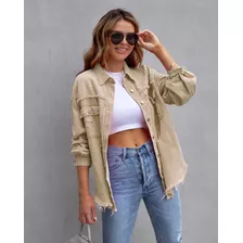 Jaqueta Jeans Feminina Clássica Oversize Rasgada Borda Crua