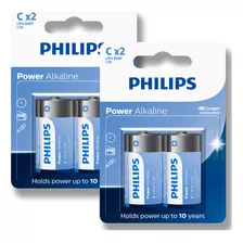 04 Pilhas Bateria C Philips Média Alcalina Lr14 2 Cartelas