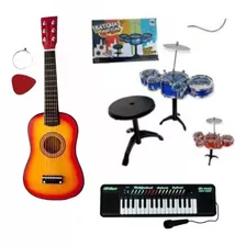 Kit Mini Bateria Com Banquinho +violão + Teclado Infantil