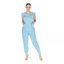 Conjunto Feminino Scrub Sem Manga Babados Azul Bebê