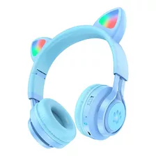 Audifonos Gato Bluetooth Niños Limitador Decibeles Hoco W39 Color Celeste