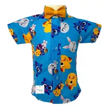 Camisa Infantil Temática Bichinho Fofo Azul E Gravata