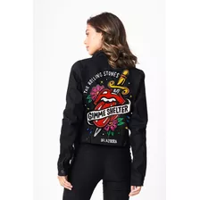 Campera Jean Negra Pintada A Mano Rolling Stone Estampado