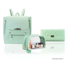 Kit Colores Pastel Mochila Casual, Cartera Y Cosmetiquera