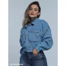 Jaqueta Feminina Cropped Jeans Com Bolsos Frontais