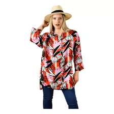 Camisa 3/4 Estampada Flores Roja/chicle Mujer Blackmapa