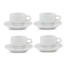 4 Tazas De Café Apilable 100ml Con Plato Porcelana Blanca