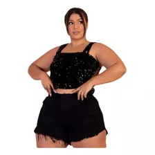 Short Jeans Plus Size Preto Liso Hot Pants Barra Desfiada