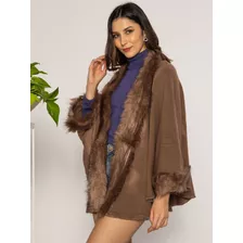 Poncho Pelerine De Lã Com Pelos Sintetico Feminina Inverno