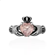 Anel Aliança Claddagh Quartzo Rosa Prata 925 Fp 11053808