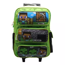 Mochila Escolar Minecraft Personajes Con Carro Mi309- Cresko Color Verde Diseño De La Tela Liso