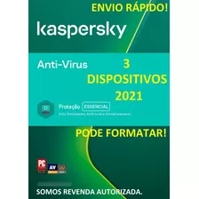 Kaspersky Anti-virus 3 Pc 2021 1 Ano Envio Imediato