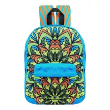 Mochila Feminina Escolar Passeio Impermeável Viagem Casual Cor Azul-turquesa Desenho Do Tecido Mandala