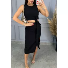 Conjunto Cropped E Saia Midi Em Alfaiataria Lançamento Moda