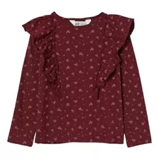 Remera Manga Larga H&m. Con Volados. Flores. Bordo. 