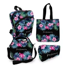 Kit - Mochila + Bolsa + Lancheira + Nec Professora Floral