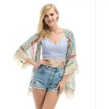 Kimono Floral Com Franjas - Moda Praia -