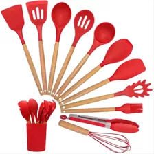 Jogo 12 Colheres Utensílios Cozinha Cabo De Silicone Concha Cor Vermelho