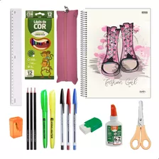 Kit Material Escolar Caderno Estojo Caneta Marcador Feminino