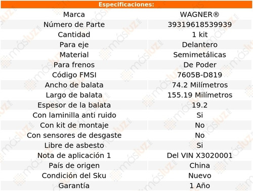 Kit Balatas Semimetalicas Del Saab 9-5 V 6 3.0l 99-03 Wagner Foto 2