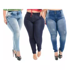 Kit De 3 Calça Plus Size Jeans Feminina Cintura Alta C/lycra