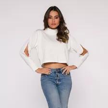 Blusa Cropped Gola Com Manga Longa E Fenda Lateral Branco