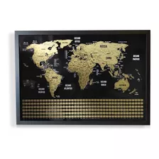 Mapa Mundi De Raspar Dourado Com Moldura Com Bandeiras 73x50 Cor Da Armação Preto
