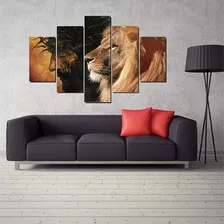 Quadros Decorativos Home Office 5 Pç Grandes Leão 110x60cm