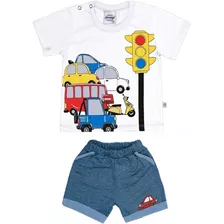 Conjunto Masculino Bebê Camiseta Carros C/ Bermuda Em Moletinho Zig Zag P Ao G