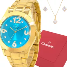 Relógio Champion Feminino Dourado Azul Prova Dagua Original