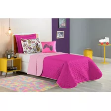 Kit Colcha Roupa Cama Solteiro 5 Peças Matelado Menina Pink