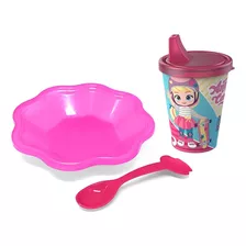 Alimentação De Bebes Infantil 3 Pçs Prato + Copo + Colher Cor Rosa