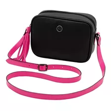 Bolsa De Couro Legítimo Transversal Feminina Mariart Titânio Cor Preto/pink