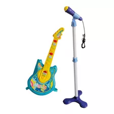 Kit Guitarra Microfone Musical Infantil Azul Som Rock Roll