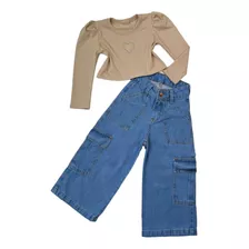 Roupa Infantil Blusinha Manga Bufante Calça Jeans Pantalona 