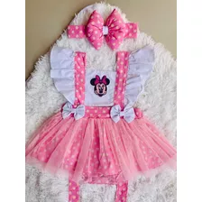 Jardineira Romper Roupa De Bebe Body Mesversario Minnie Rosa